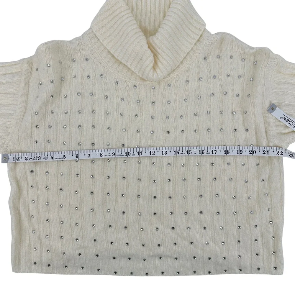 Womens Rhinestone Embellished Cream Turtleneck Ribbed Knit Sweater‎ Boxy Crop